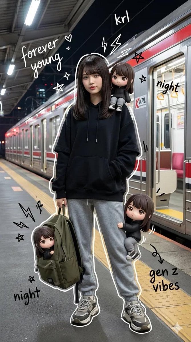 Mixed Media Portrait of Gen Z Teenager with Chibi Companions