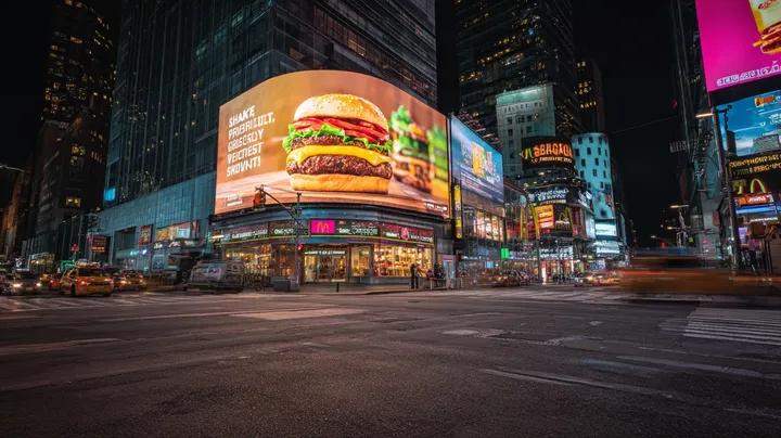 Cyber-Urban Night Cityscape with Hyper-Realistic Billboard Ad