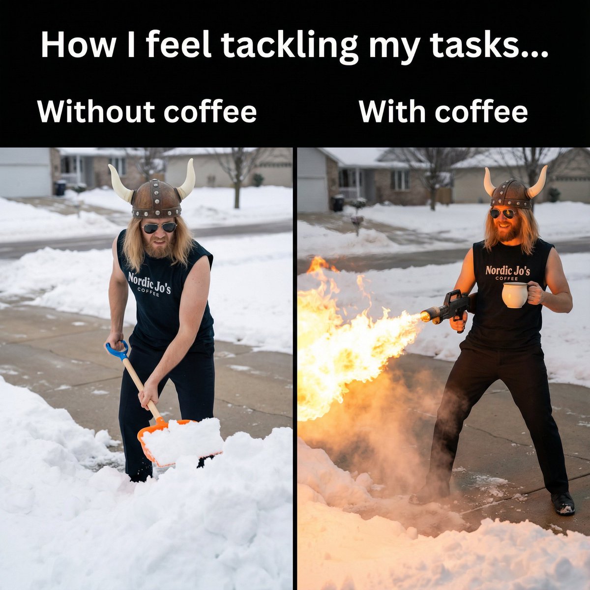Meme: Shoveling Snow with/without Coffee