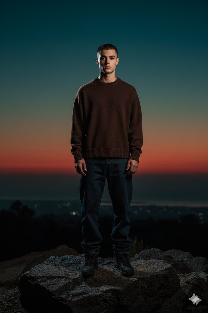 Full-Body Portrait with Frontal Flash at Blue Hour Sunset