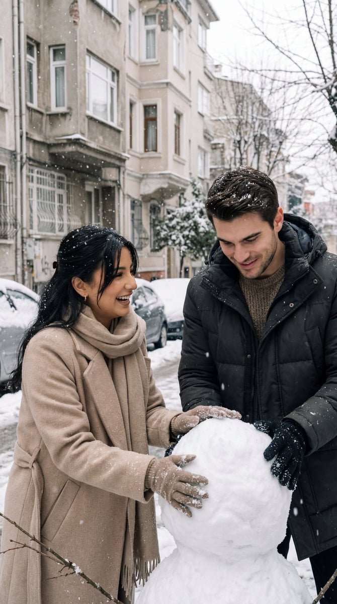Photorealistic Cinematic Street Romance in Istanbul Snow