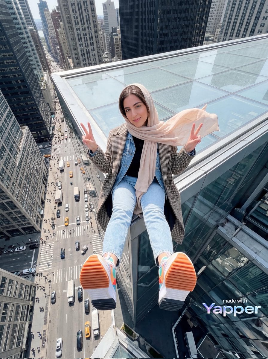 Young woman sitting at the edge of a skyscraper rooftop with a dramatic