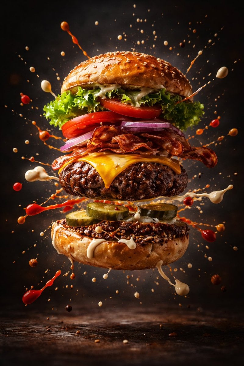 Cinematic Gourmet Burger Explosion Prompt (Code Style)