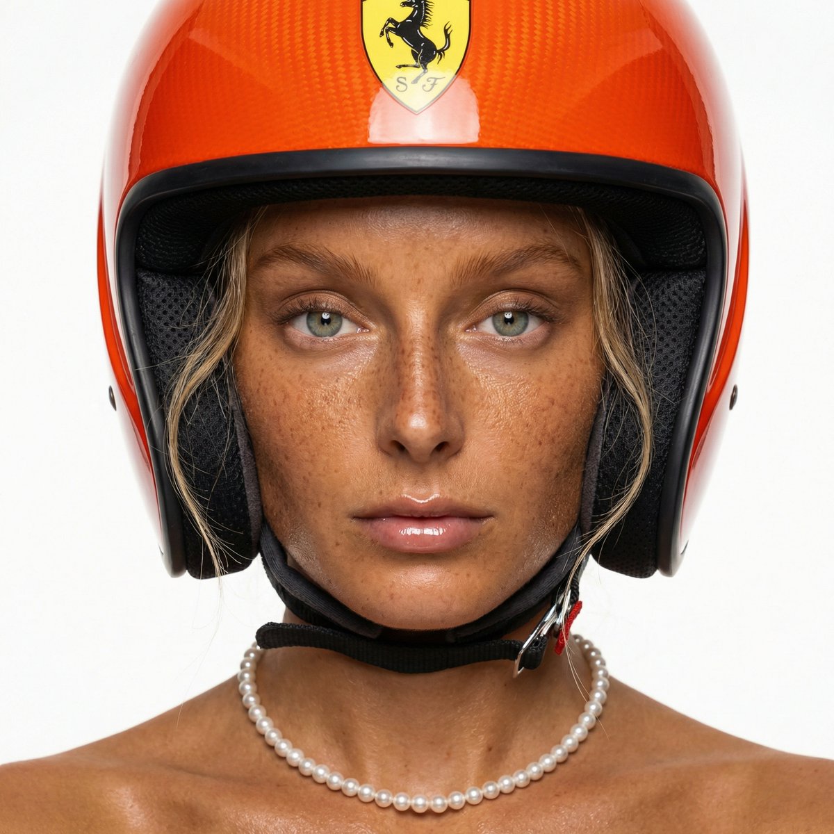 F1 Heiress Editorial Portrait with Racing Helmet and Pearls