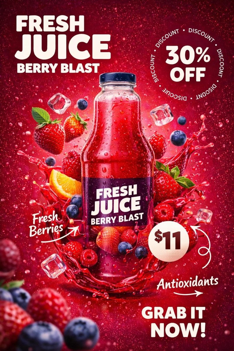 Product Photography Poster with Liquid Splash and Text Overlays
