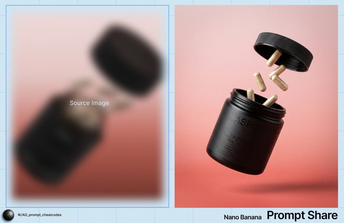 Commercial Product Shot of Levitating Supplement Jar and Capsules