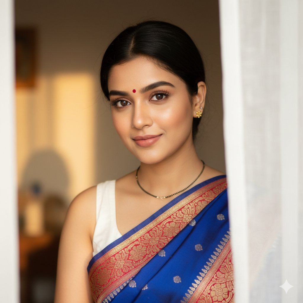 South Asian Woman Portrait with Saree and Sheer Curtains