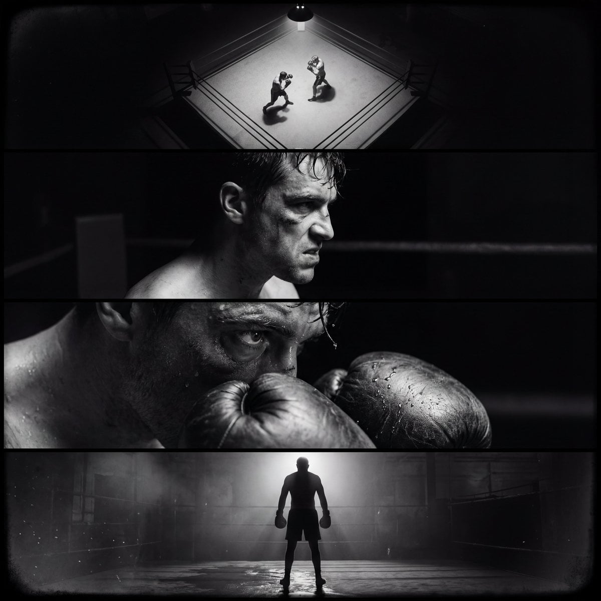 Single film noir style cinematic image divided into four horizontal