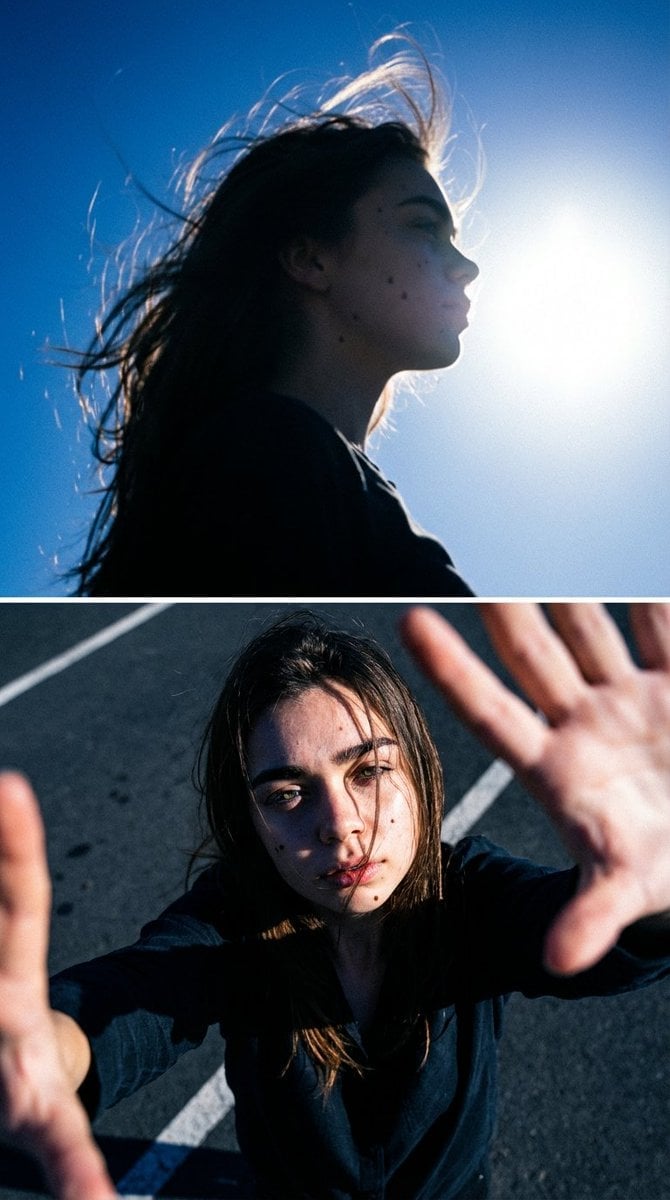 Cinematic Diptych with Identity Lock and Blue Tones