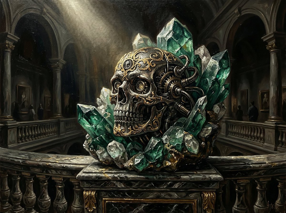 Dramatic Chiaroscuro Oil Painting of Biomechanical Skull