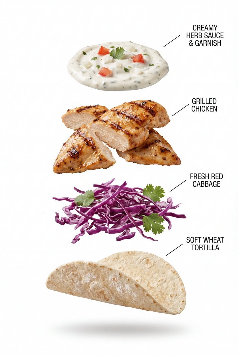 Exploded View Grilled Chicken Taco Product Photography
