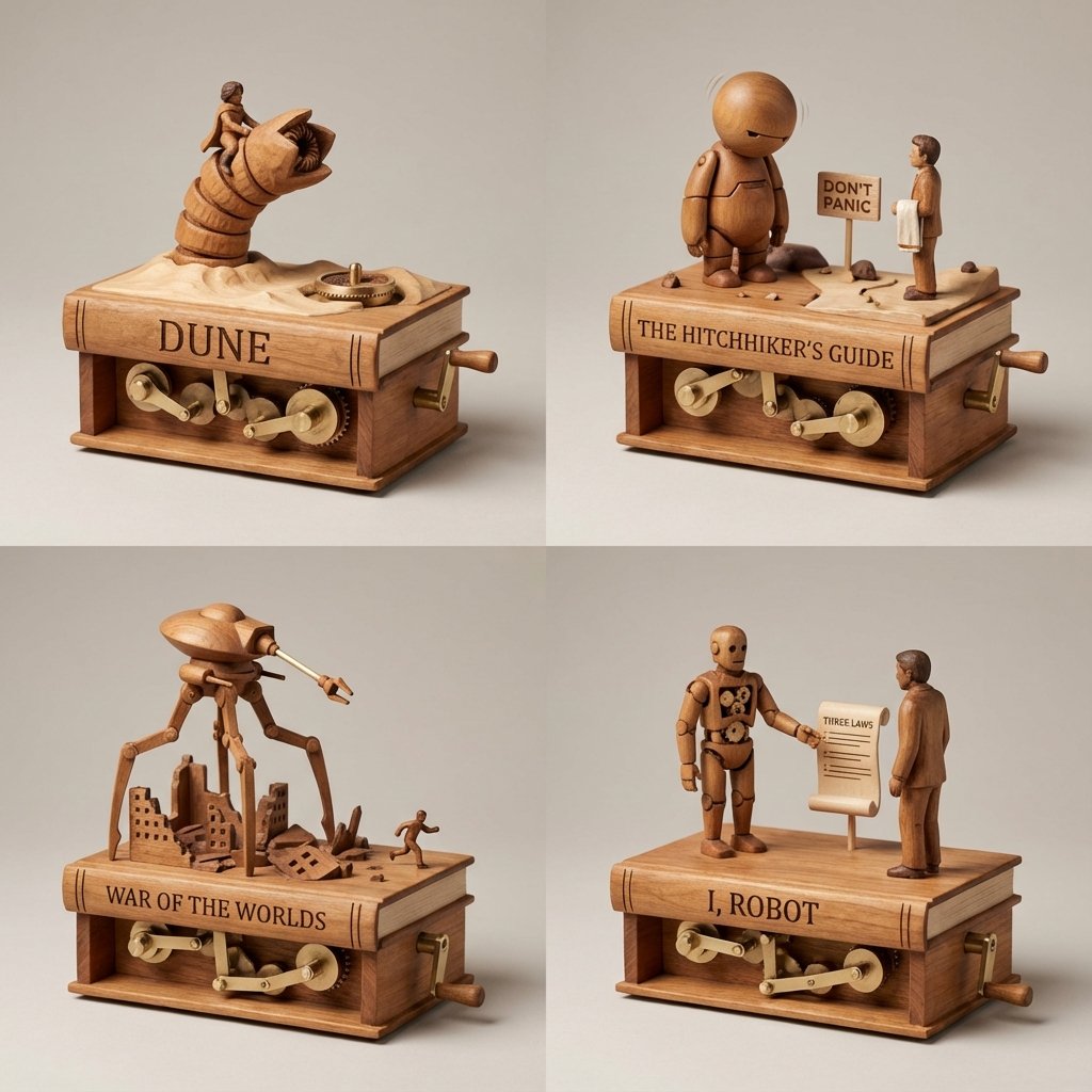 Sci-Fi Book Automaton Macro Product Photography Prompt