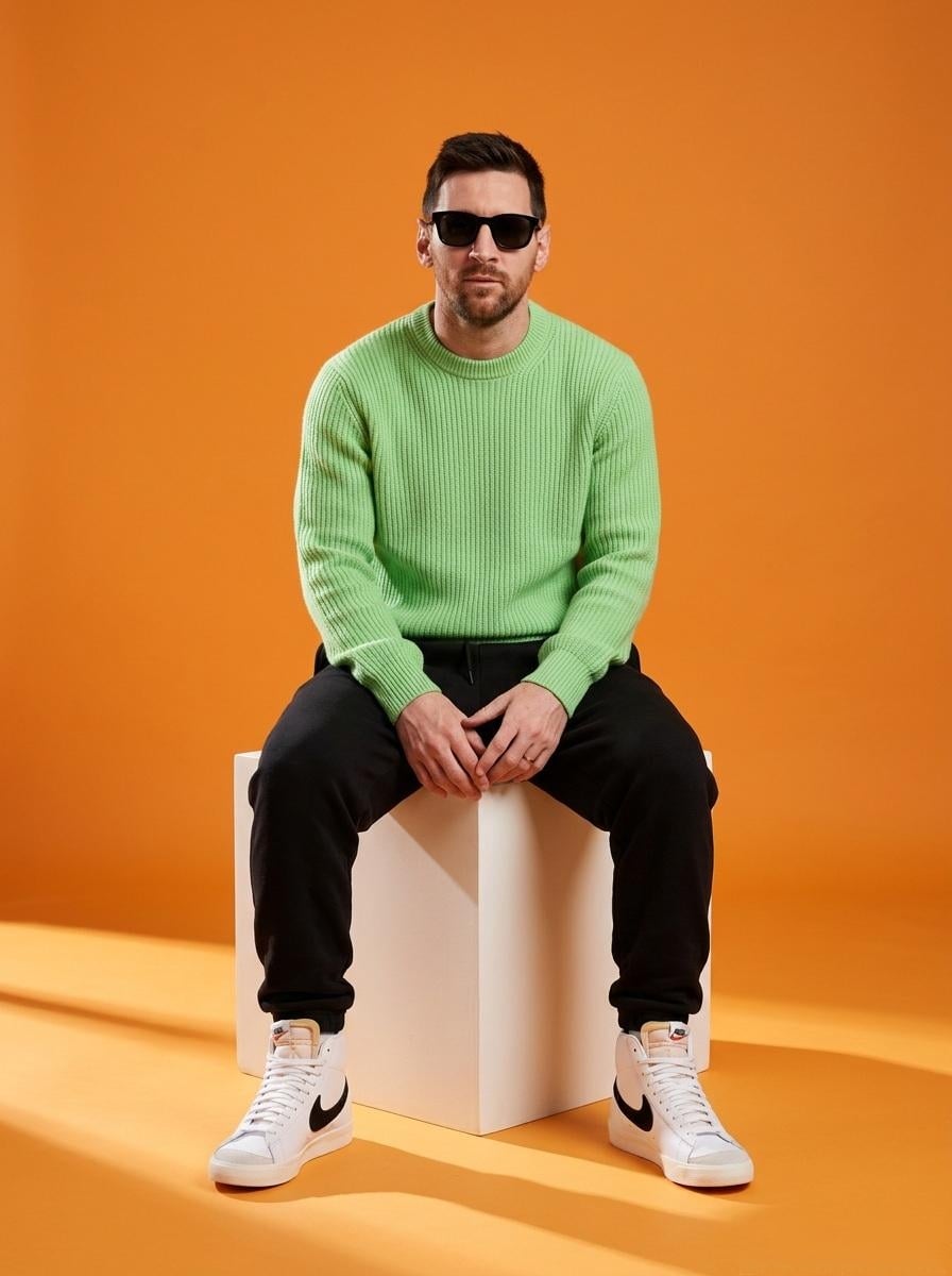 A stylish male model sitting on a white cube in a minimalist studio
