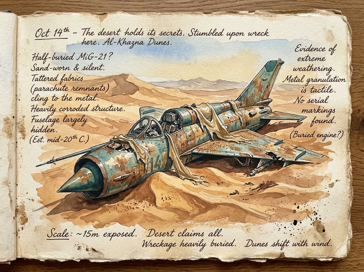 Loose Watercolor of a Half-Buried Fighter Jet in Desert Dunes