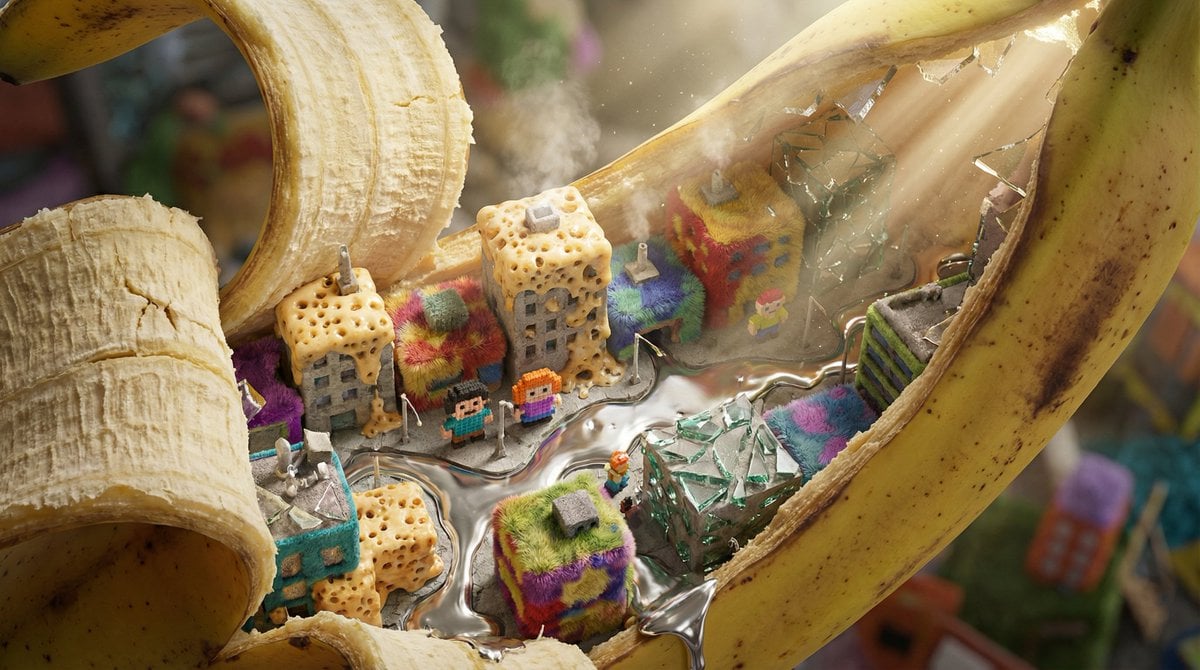 Nano-Scale Cityscape Inside a Banana Peel Prompt