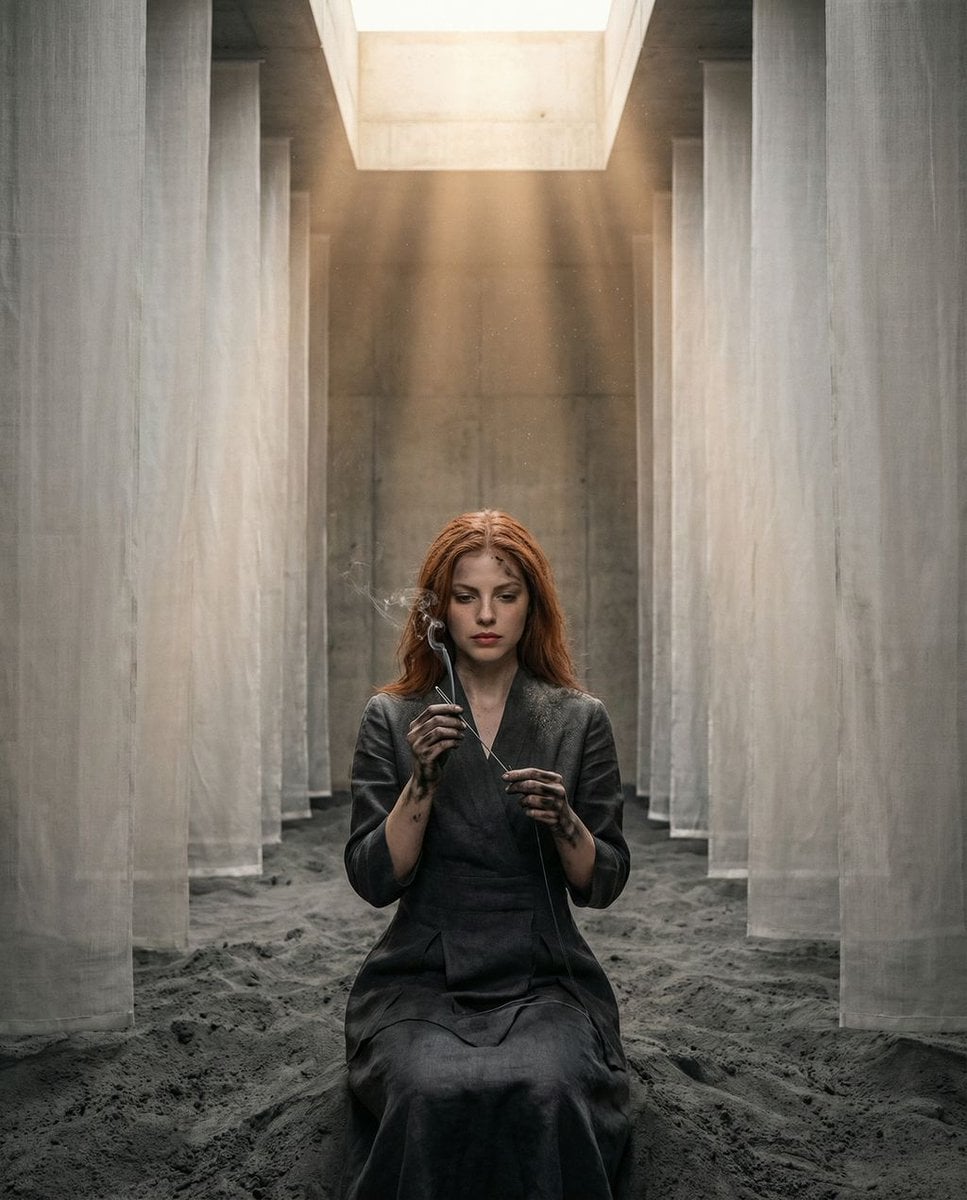 The Symmetrical Ash Ritual: Hyper-Realistic Brutalist Portrait