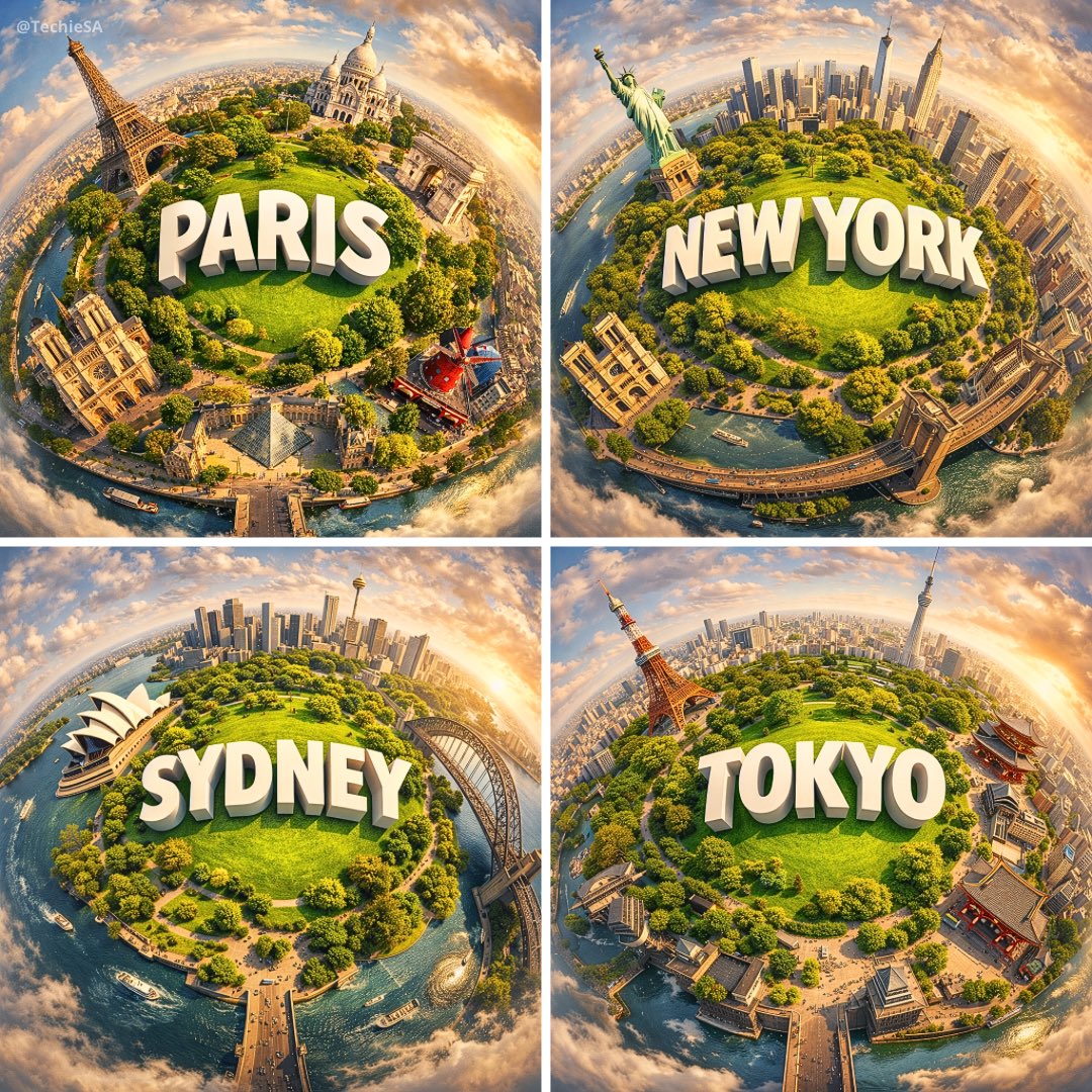 Hyperrealistic miniature planet showcasing with famous landmarks