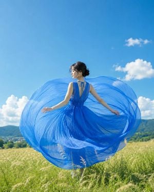 Woman in Blue Dress in a Summer Meadow