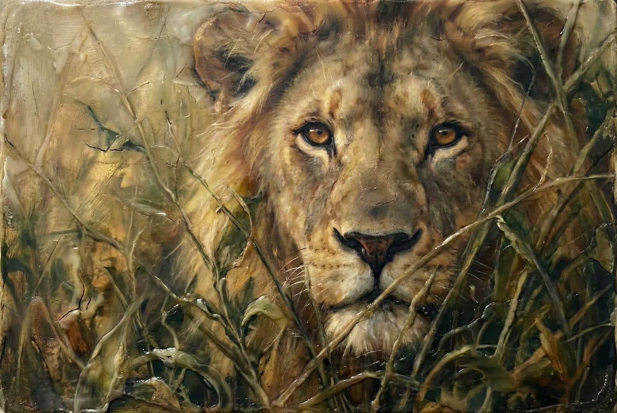 Heavily Detailed Oil Painting of a Lion in a Thicket