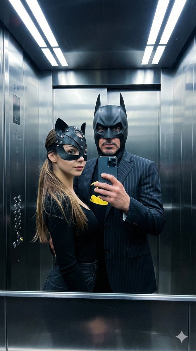 Cinematic Bat/Cat Couple Mirror Selfie with Identity Lock