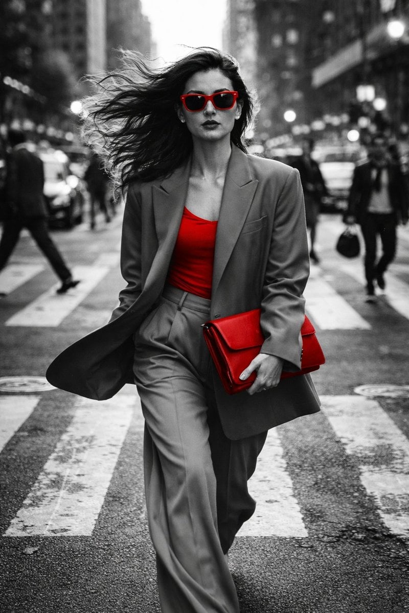Walking briskly toward the camera, hair flowing backward due to motion