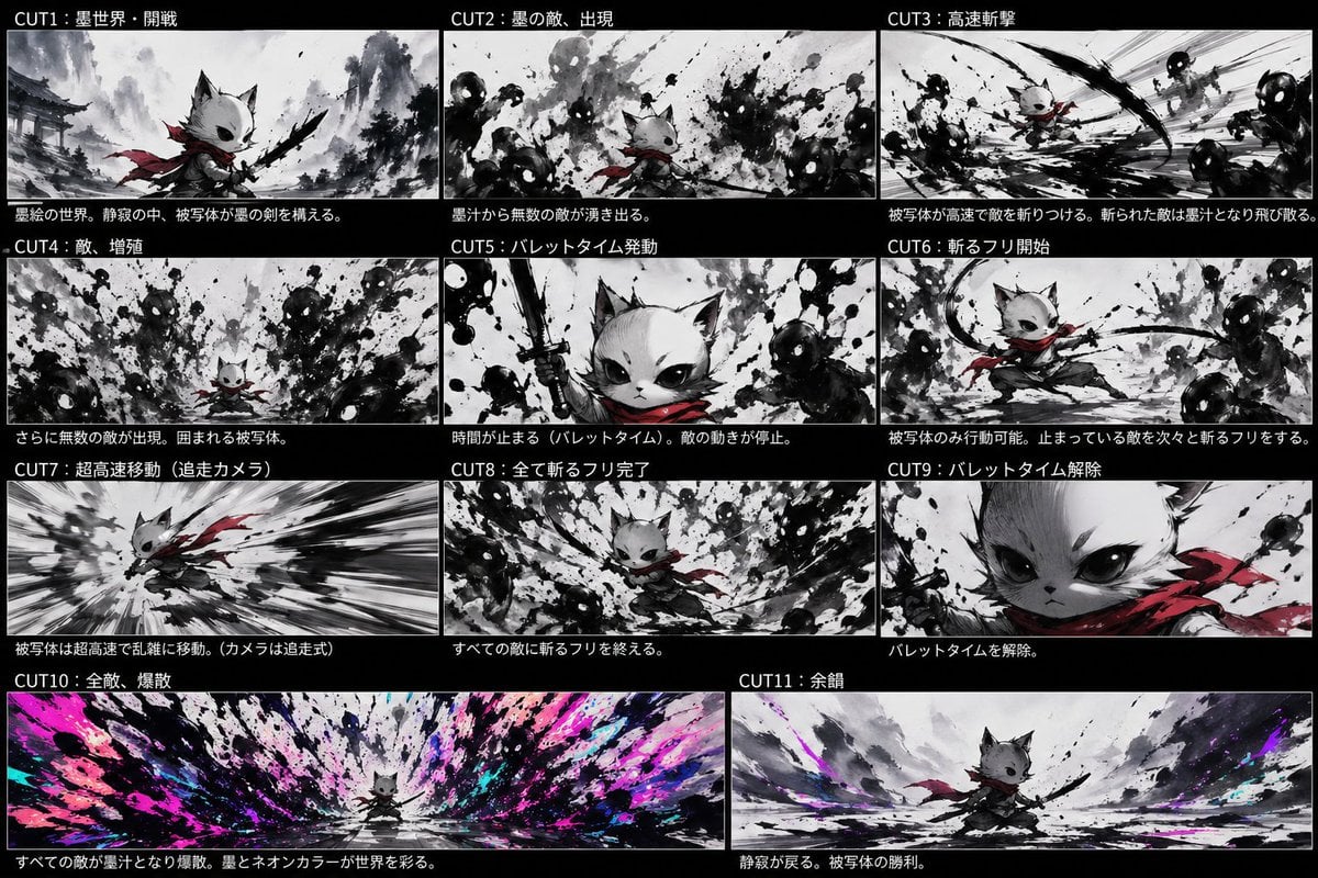 Ink Neon Cat Samurai Storyboard