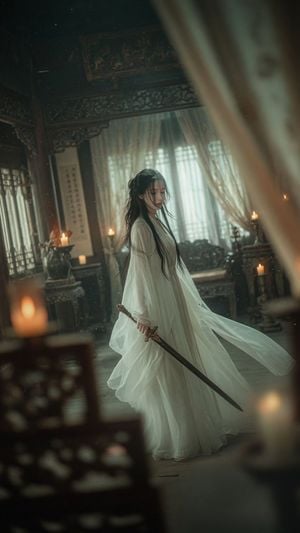 Cinematic Wuxia Swordswoman in Candlelit Chamber