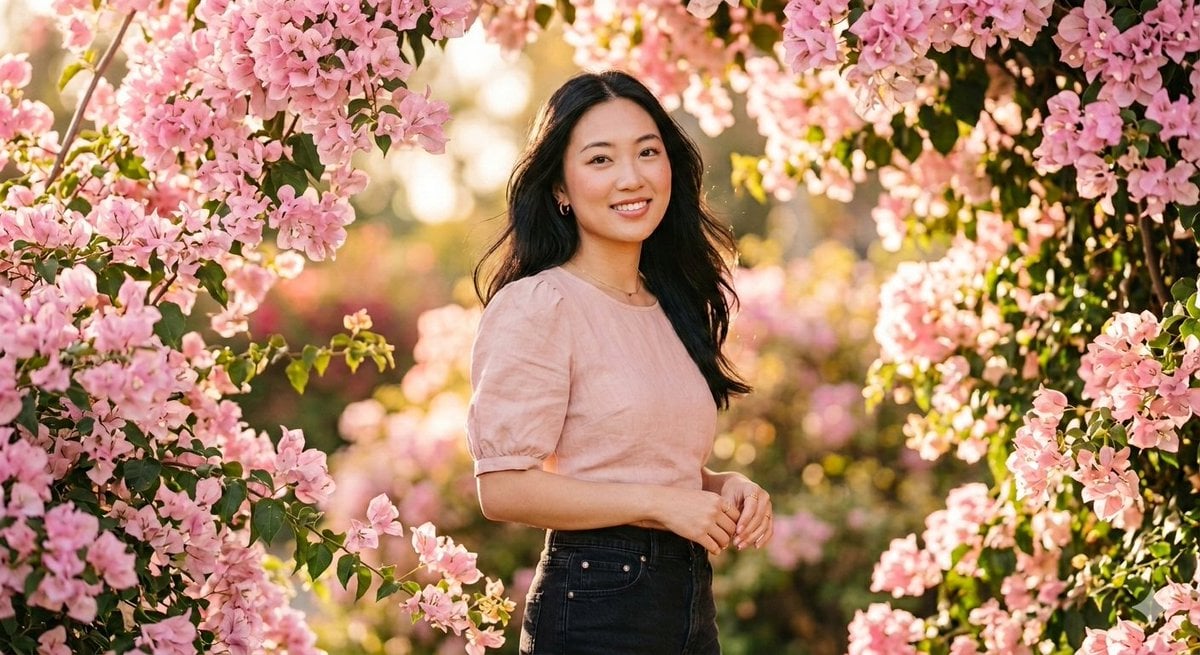 Ethereal 8K Portrait with Bougainvillea Blossoms Prompt