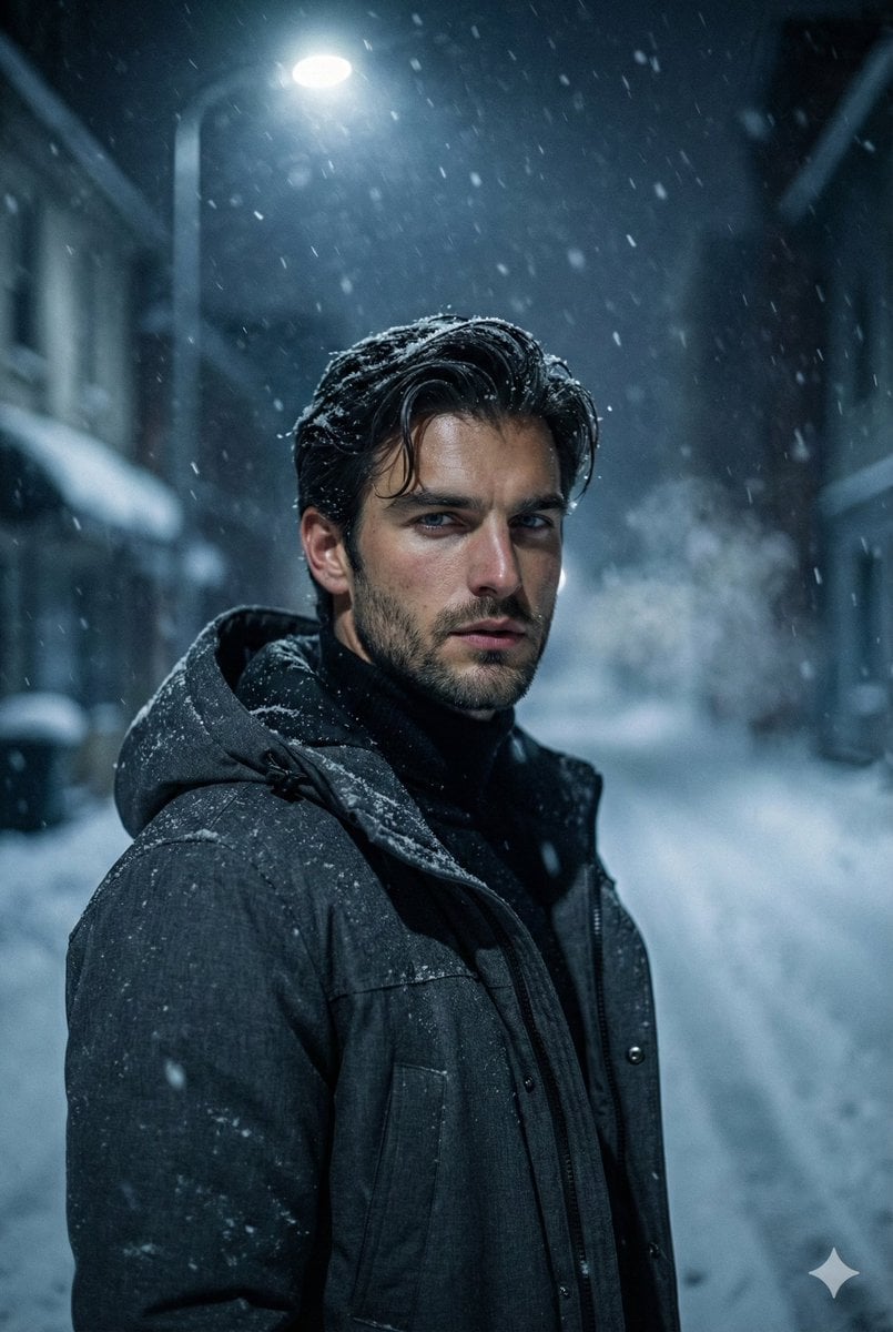 Winter Noir Cinematic Portrait of Man in Snowy Street