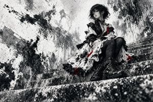 Gothic Girl on Ink-Splattered Stairs