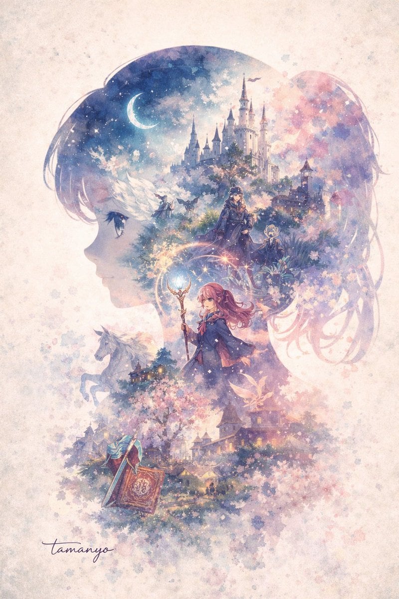 Watercolor Double-Exposure Fantasy Silhouette
