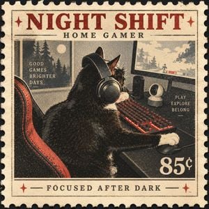 Vintage Night Shift Gamer Cat Stamp