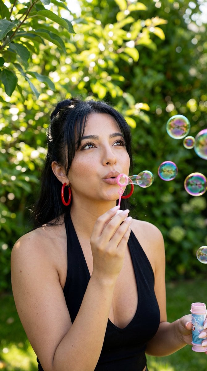 Photorealistic Candid Bubble Blowing Portrait