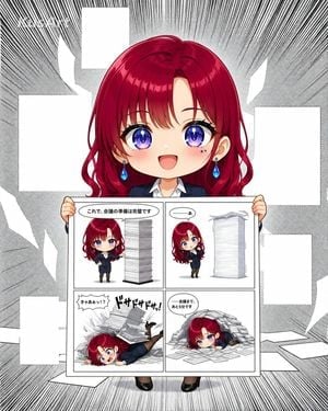Chibi Office Girl Holding 4-Panel Manga