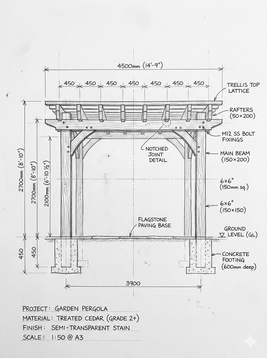 Pergola Blueprint to Photoreal Structure Prompt