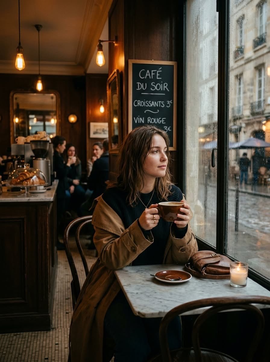 Cinematic photo of a young woman sitting alone in a cozy Parisian café
