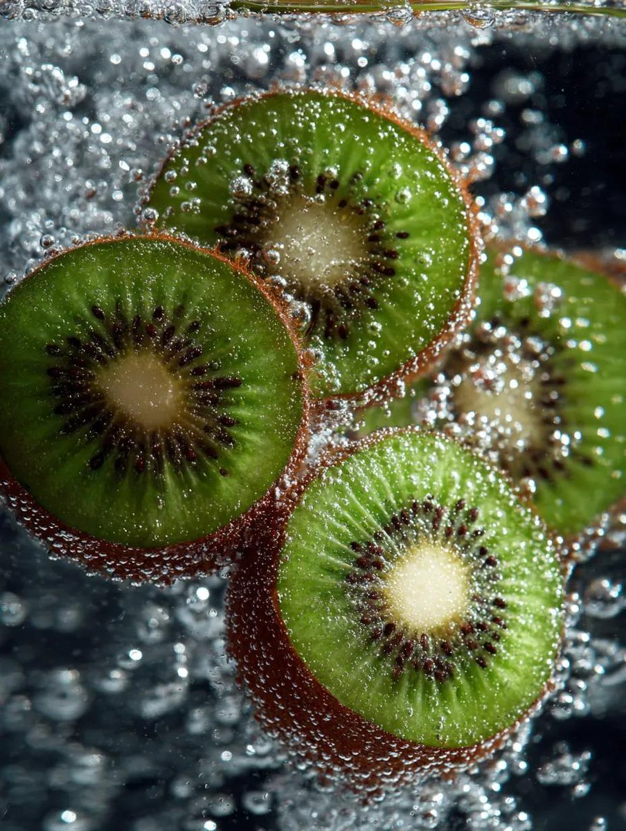 Macro Shot of Kiwi Slices in Sparkling Water