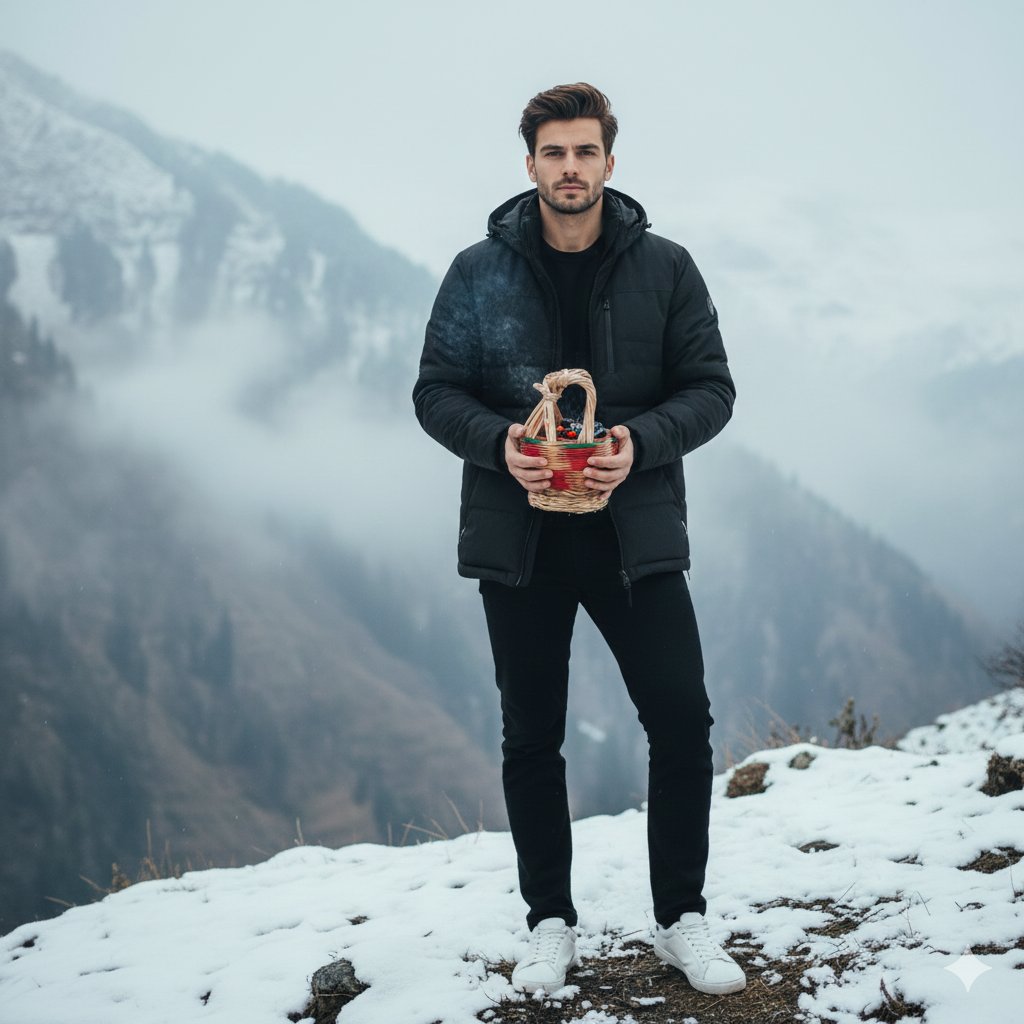 Moody Cinematic Portrait on Snowy Mountain Ridge