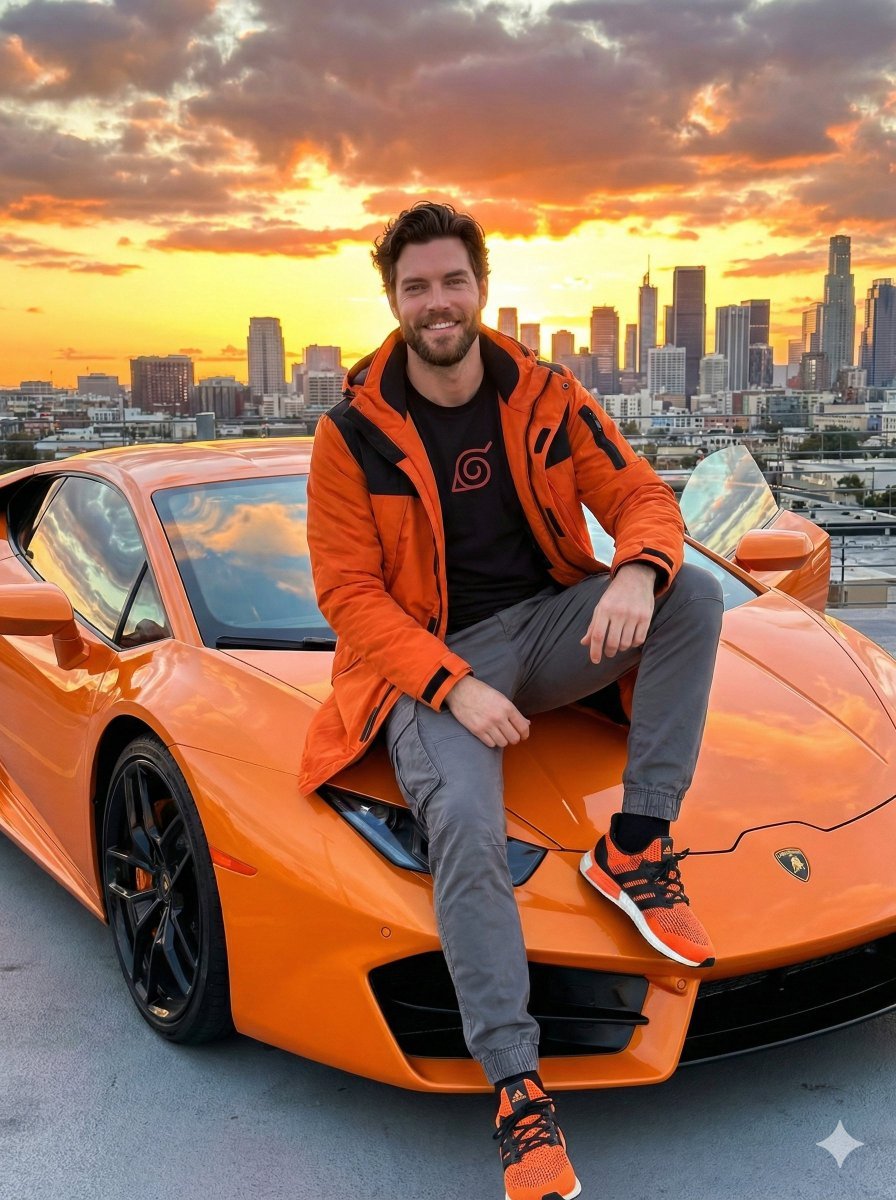 Streetwear Man on Lamborghini at Sunset