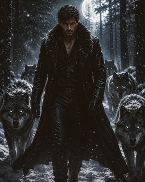 Man and Wolves Snowy Forest