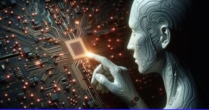 AI Touching a Glowing Microchip