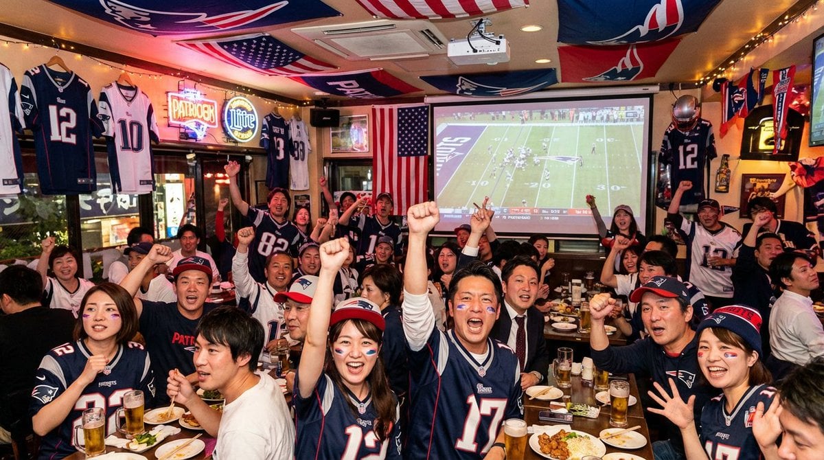 Japanese NFL Patriots fan scene image