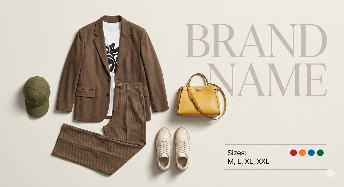 Premium fashion catalog flat lay on a clean soft beige studio background