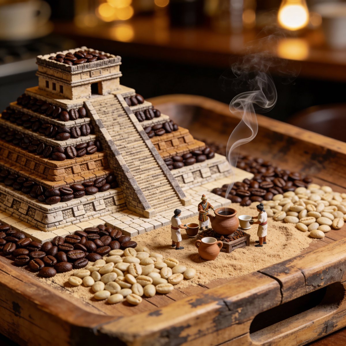 Hyperrealistic Mayan Pyramid Coffee Bean Miniature Prompt