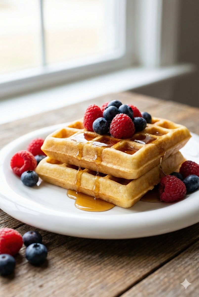 Eye-Level Belgian Waffles Food Photography Prompt