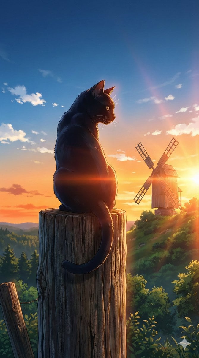 Black Cat on Wooden Post Scene
