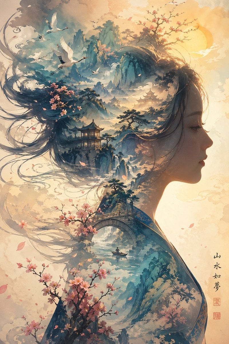 Dreamlike Shanshui Woman Silhouette