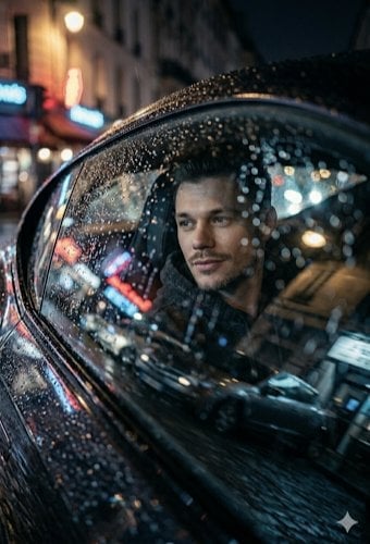 A low-angle, cinematic close-up shot looking through a rain-slicked car