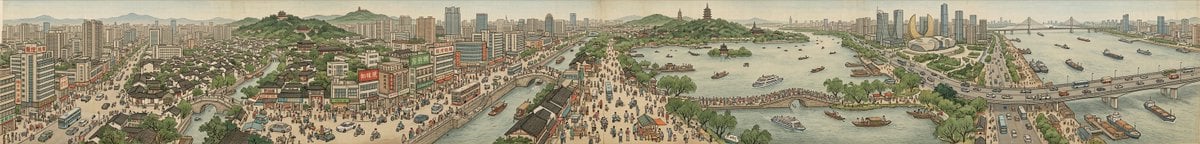 Panoramic Cityscape in Qingming Festival Scroll Style (8:1 Aspect Ratio)