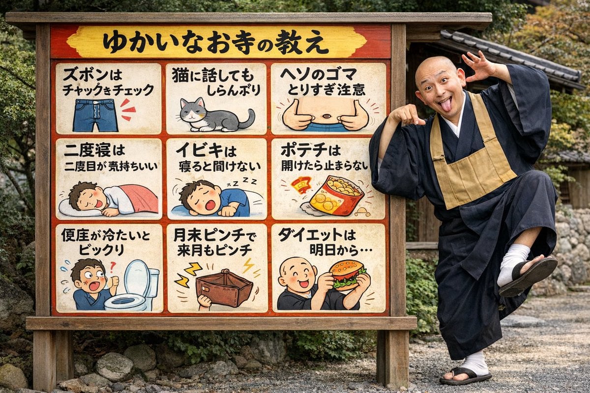 Humorous Temple Signboard with Goofy Monk